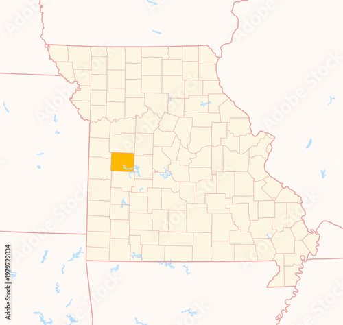 Map of the County Henry (Missouri, US) showing the Federal State with the highlighted County