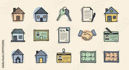 Hand-drawn Real Estate Icons Set - Houses, Keys, Documents, and Blueprints.