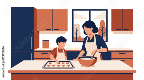 Mother and child baking cookies in modern kitchen