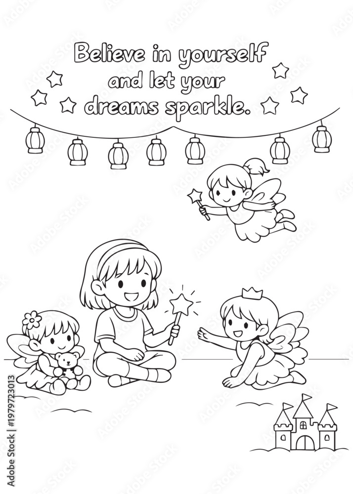 Fototapeta premium coloring book page girl believing in herself while sharing a magical basement moment with tiny fairies