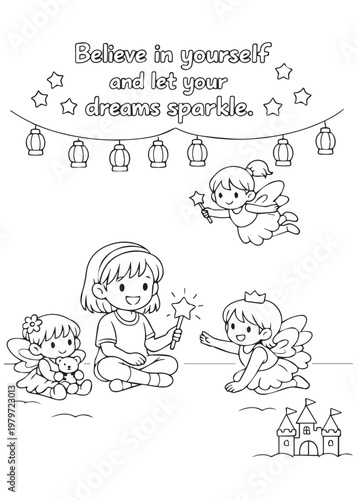 coloring book page girl believing in herself while sharing a magical basement moment with tiny fairies