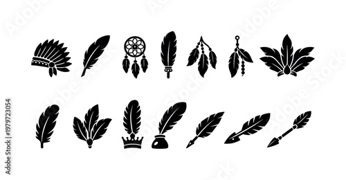 Collection of Native American inspired feather and dreamcatcher icons in black silhouette