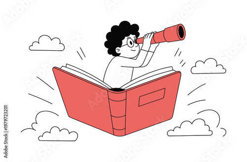 Tableau sur toile Child with Telescope Looks Out from Open Book Surrounded by Clouds