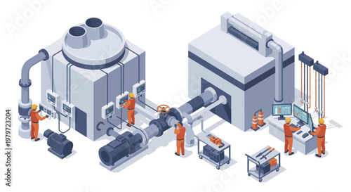 Industrial manufacturing plant with workers and machinery.