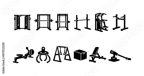 Collection of black and white icons representing various gym equipment and fitness machines