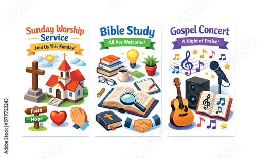 Christian church events: Sunday worship, Bible study, and gospel concert