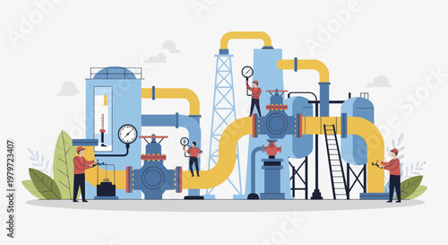 Industrial pipeline system with workers performing maintenance and operations.