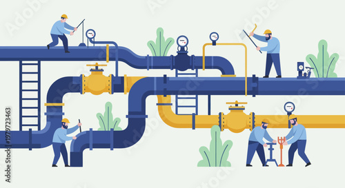 Industrial pipeline system with workers performing maintenance and inspection tasks.