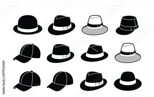 Collection of Black and White Silhouettes of Various Hats