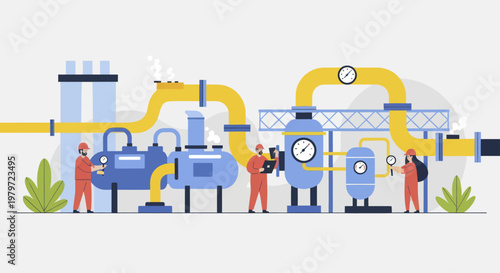 Industrial Plant Machinery with Workers Maintenance and Operation.