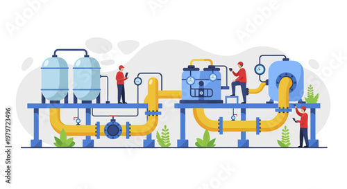 Industrial Plant Machinery with Workers and Pipes.