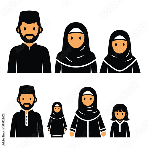 Cartoon Muslim family members in traditional clothing standing together isolated on white background icon