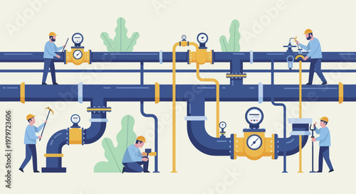 Industrial plumbing system maintenance and repair by skilled workers.