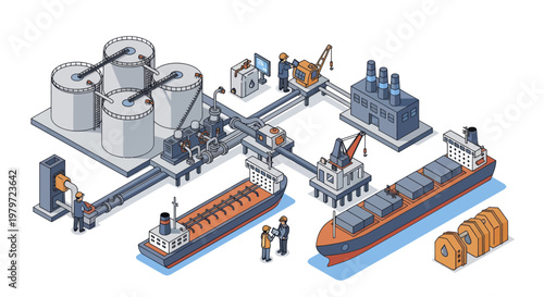 Industrial Port Scene with Ships and Storage Tanks.