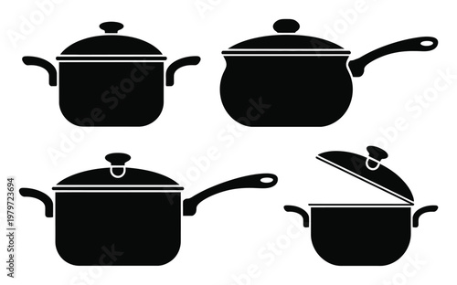 Collection of Black Silhouette Cooking Pots and Saucepans with Lids