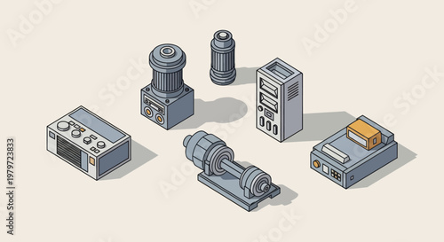 Isometric 3D Rendered Collection of Sci-Fi Technology Components.
