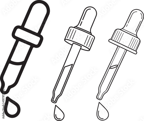 Three different types of droppers with liquid droplets hanging from their tips Vector

