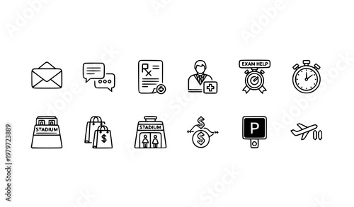 Modern business and service outline icons set with medical shopping parking and flight symbols vector