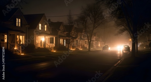 Quiet American suburban street with houses glowing at night
