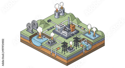 Isometric illustration of a geothermal power plant system.