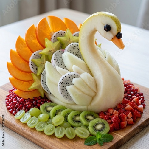 A fresh white duck enjoys a delicious healthy breakfast of green salad and sweet fruit served on a festive red plate