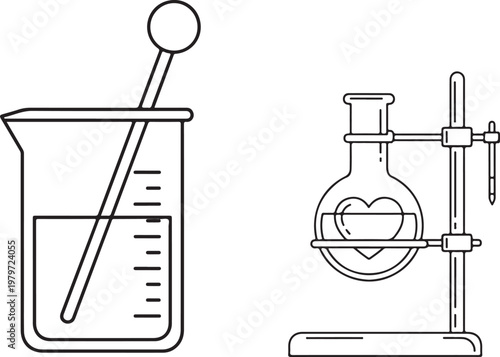 Laboratory glassware: beaker with stirrer and volumetric flask on a stand Vector

