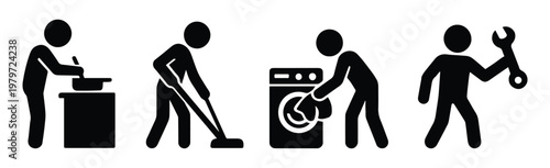 Vector set of stick figures doing household chores at home. Cleaning, cooking, repairing, and washing. Simple black silhouettes for daily routine, homemaking, domestic life, family activities.
