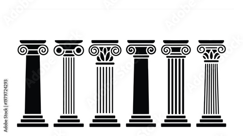 Collection of Six Stylized Ionic Columns in Black and White