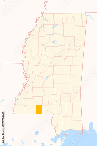 Map of the County Pike (Mississippi, US) showing the Federal State with the highlighted County