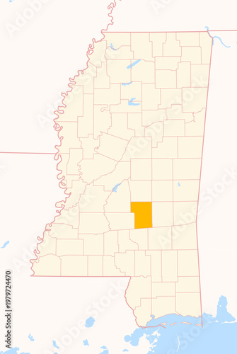 Map of the County Smith (Mississippi, US) showing the Federal State with the highlighted County
