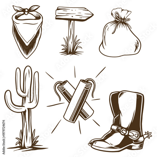 Hand drawn line art western elements set featuring a cowboy, desert plants, and wild west symbols for themed designs