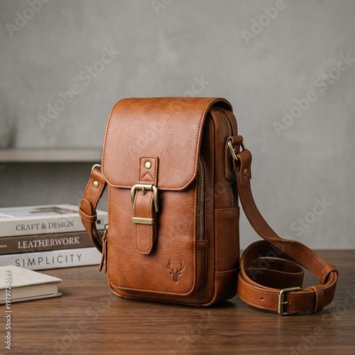 An antique brown leather suitcase with a vintage handle and metal lock serves as a retro travel object for a classic business trip