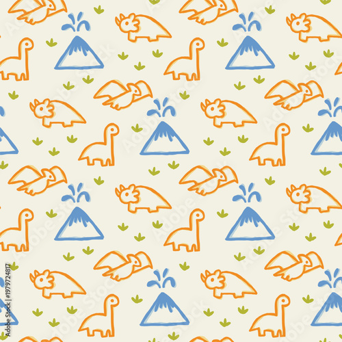 Dinosaur seamless pattern with cute triceratops brontosaurus and volcano in hand drawn doodle style for kids fabric