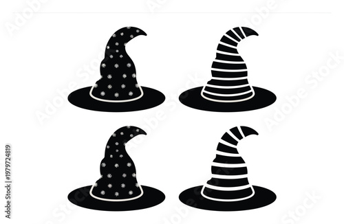 Four Halloween Witch Hats: Two with Stars, Two Striped, on White Background