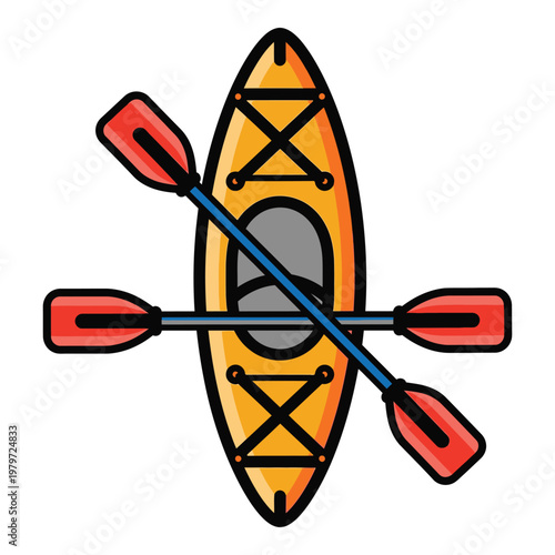 Yellow kayak with red paddles crossed on white background icon
