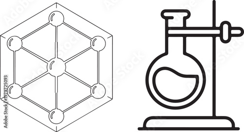 Molecular structure and laboratory glassware depiction in chemistry illustration Vector

