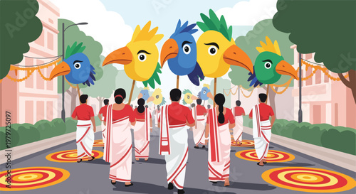 A vibrant cultural procession featuring people in traditional attire carrying large, colorful bird-head puppets down a decorated street.