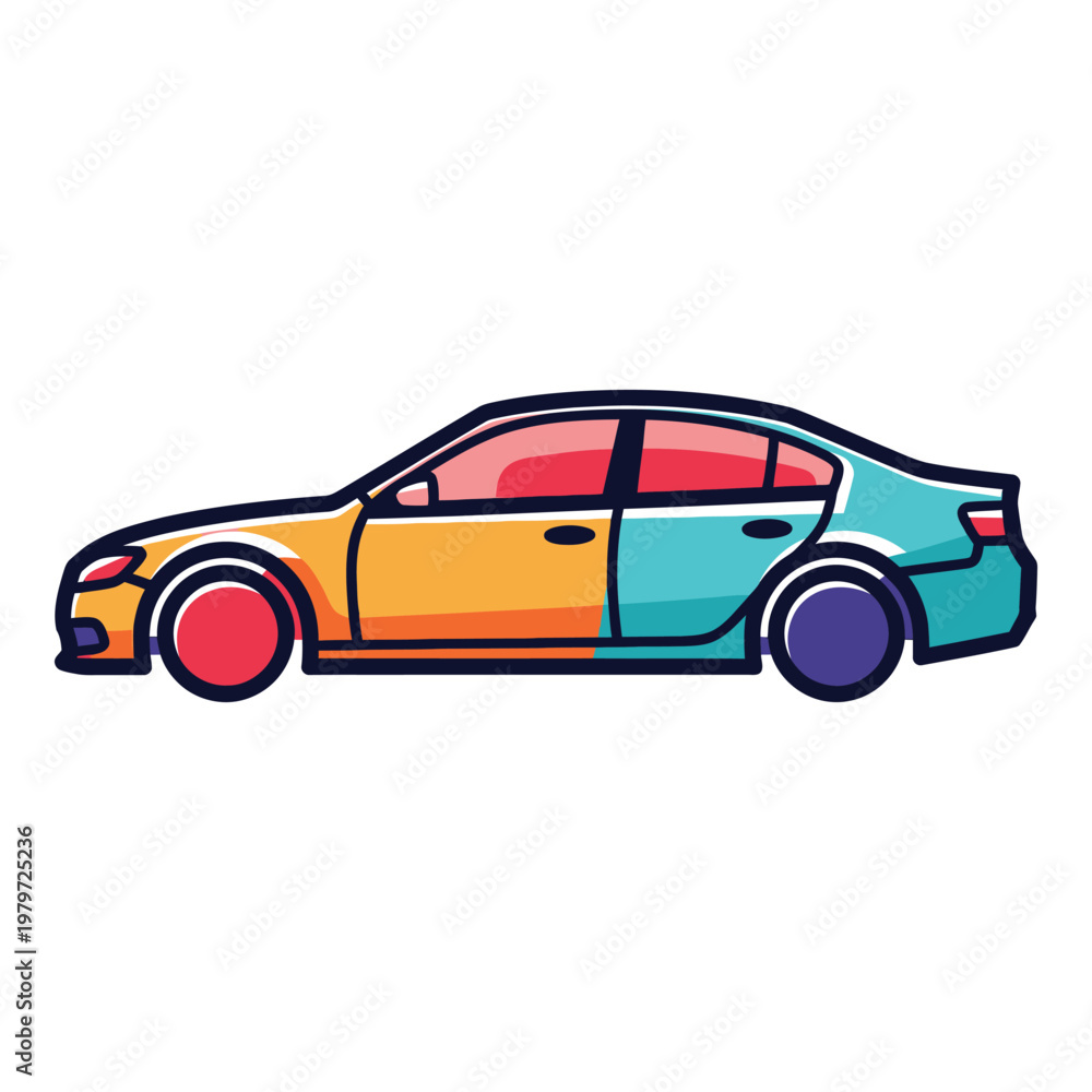 Fototapeta premium Colorful cartoon car with different colored doors and wheels side view icon