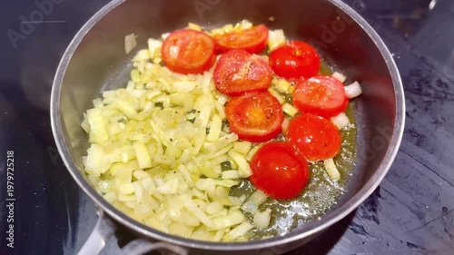 sliced tomatoes and chopped onions sizzling in frying pan on kitchen counter