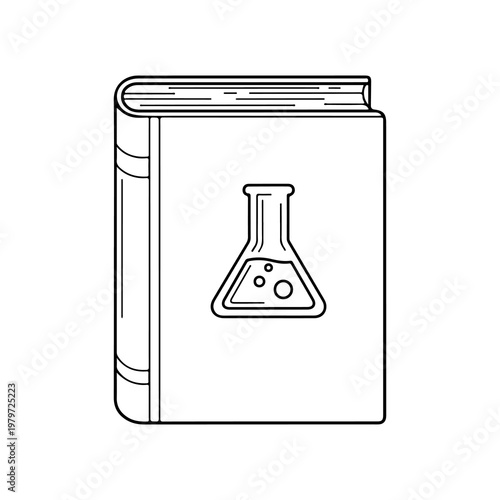 An illustrated book cover featuring a laboratory flask symbolizing science or chemistry. Vector

