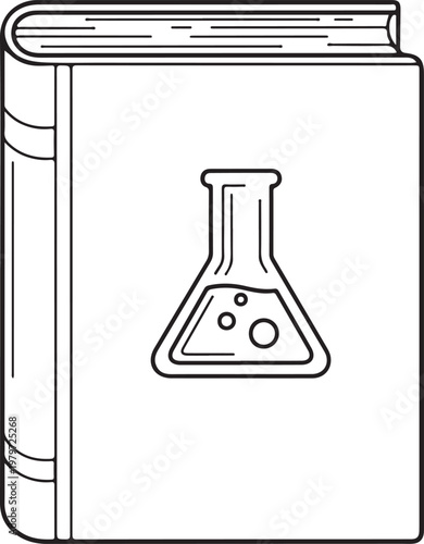 An illustrated book cover featuring a laboratory flask symbolizing science or chemistry. Vector

