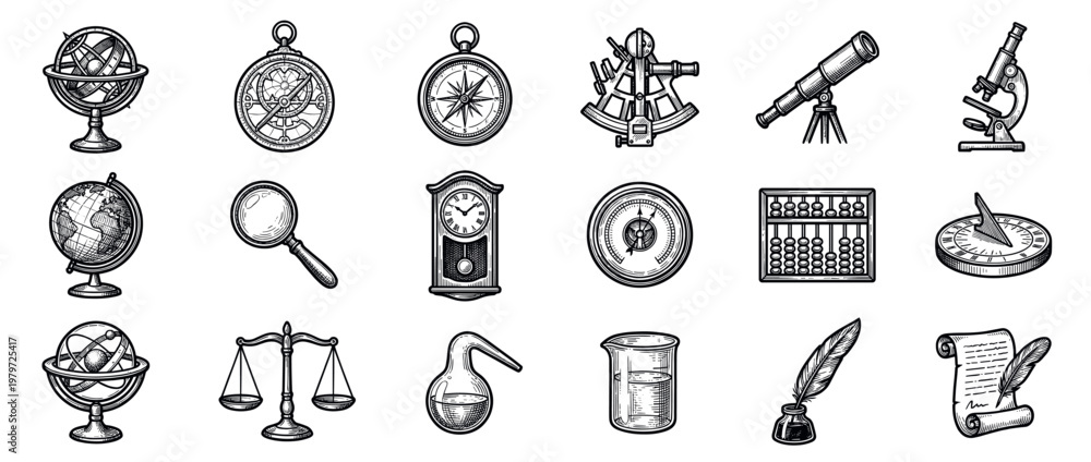 Fototapeta premium Collection of vintage scientific and educational instruments, including globes, compasses, telescopes, and beakers, rendered in a detailed engraving style