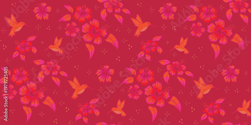 Seamless pattern with hand drawn hibiscus flowers and hummingbirds on red background for textile and wallpaper
