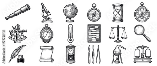 Collection of vintage scientific instruments and tools, including a telescope, microscope, globe, compass, hourglass, and scales, depicted in a classic engraving style
