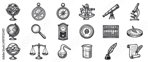 Collection of vintage scientific and educational instruments, including globes, compasses, telescopes, and beakers, rendered in a detailed engraving style