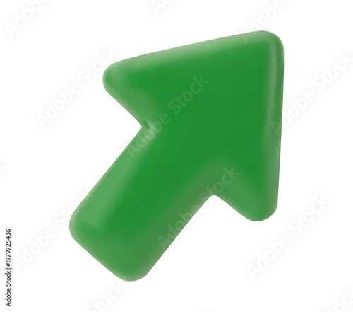 Minimalist green 3D arrow icon pointing up, isolated on a white background. Realistic glossy render symbolizing financial growth, business success, market recovery, and positive progress. High-quality