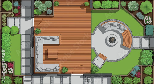 Modern landscape design top view, architectural backyard garden plan with wooden deck and fire pit, outdoor patio furniture and green plants