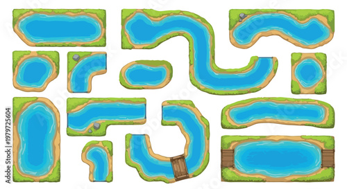 Cartoon river map tiles, modular water stream and pond set, 13 vector elements for game level design, blue lake and green grass landscape kit