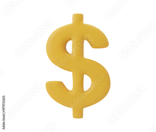 Vibrant yellow 3D dollar sign icon isolated on a white background. Realistic glossy currency symbol render for financial
