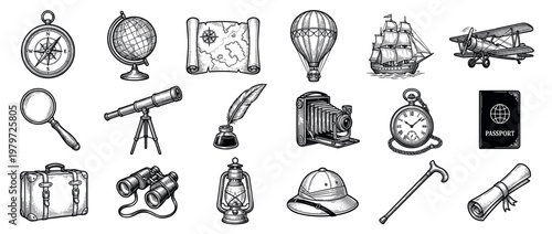 Vintage travel and exploration objects, including compass, globe, map, and hot air balloon, are depicted in a detailed engraving style